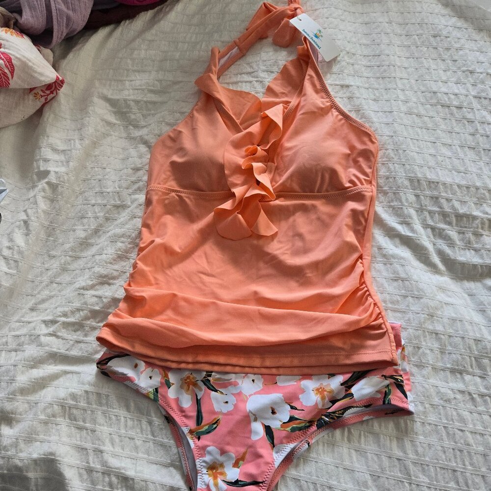 ruffle design tummy control tankini set
